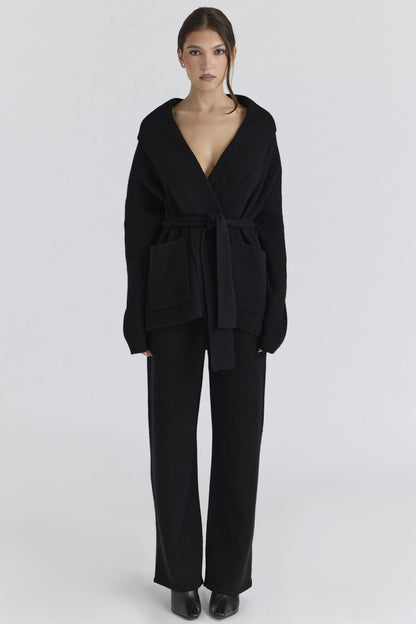 Madison Black Pure Wool Draped Front Cardigan