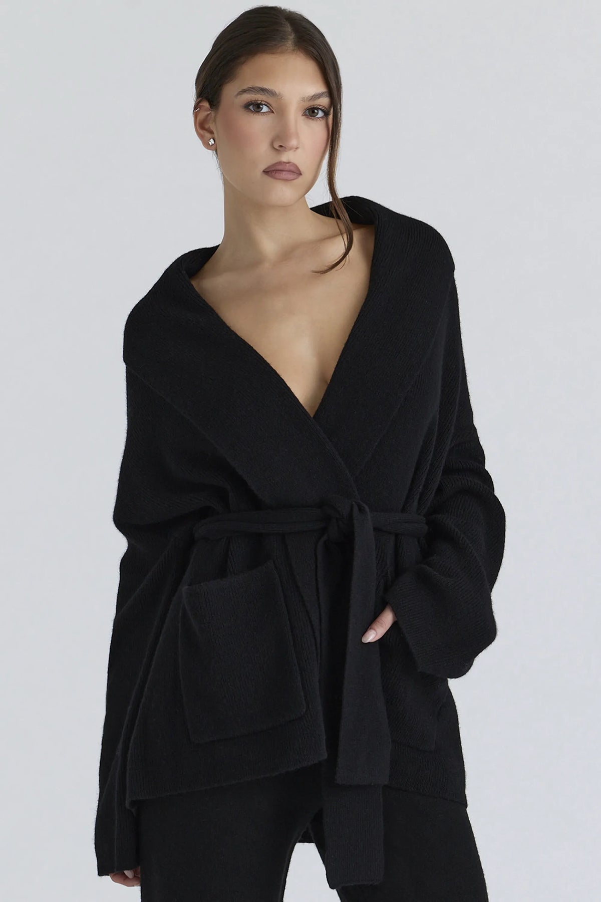 Madison Black Pure Wool Draped Front Cardigan