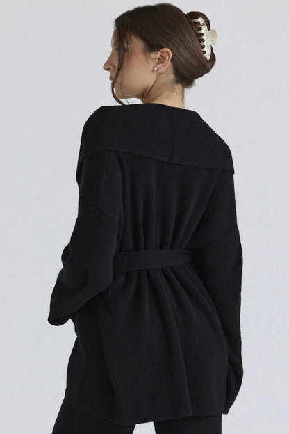 Madison Black Pure Wool Draped Front Cardigan