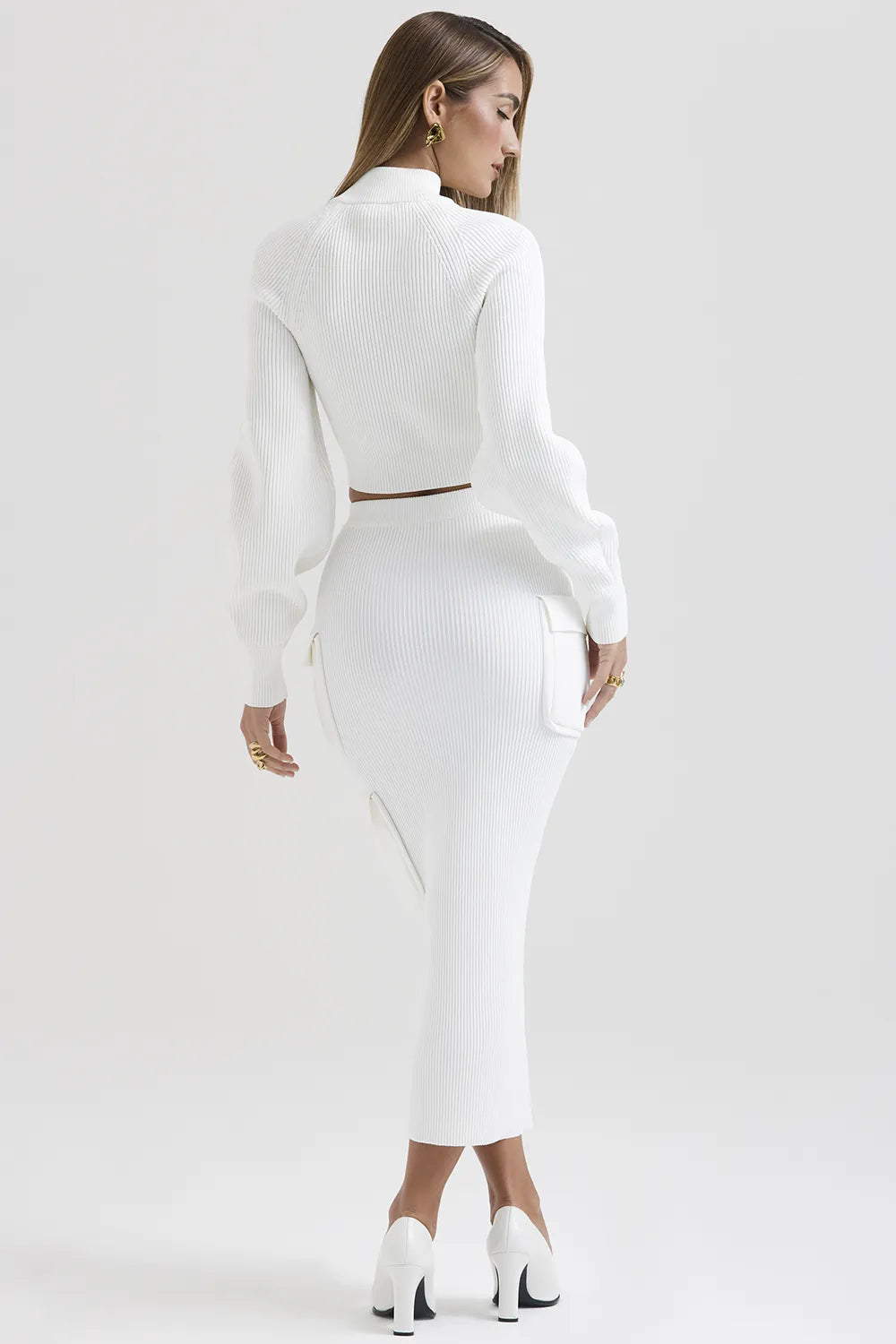 Maeve White Ribbed Knit Cargo Skirt