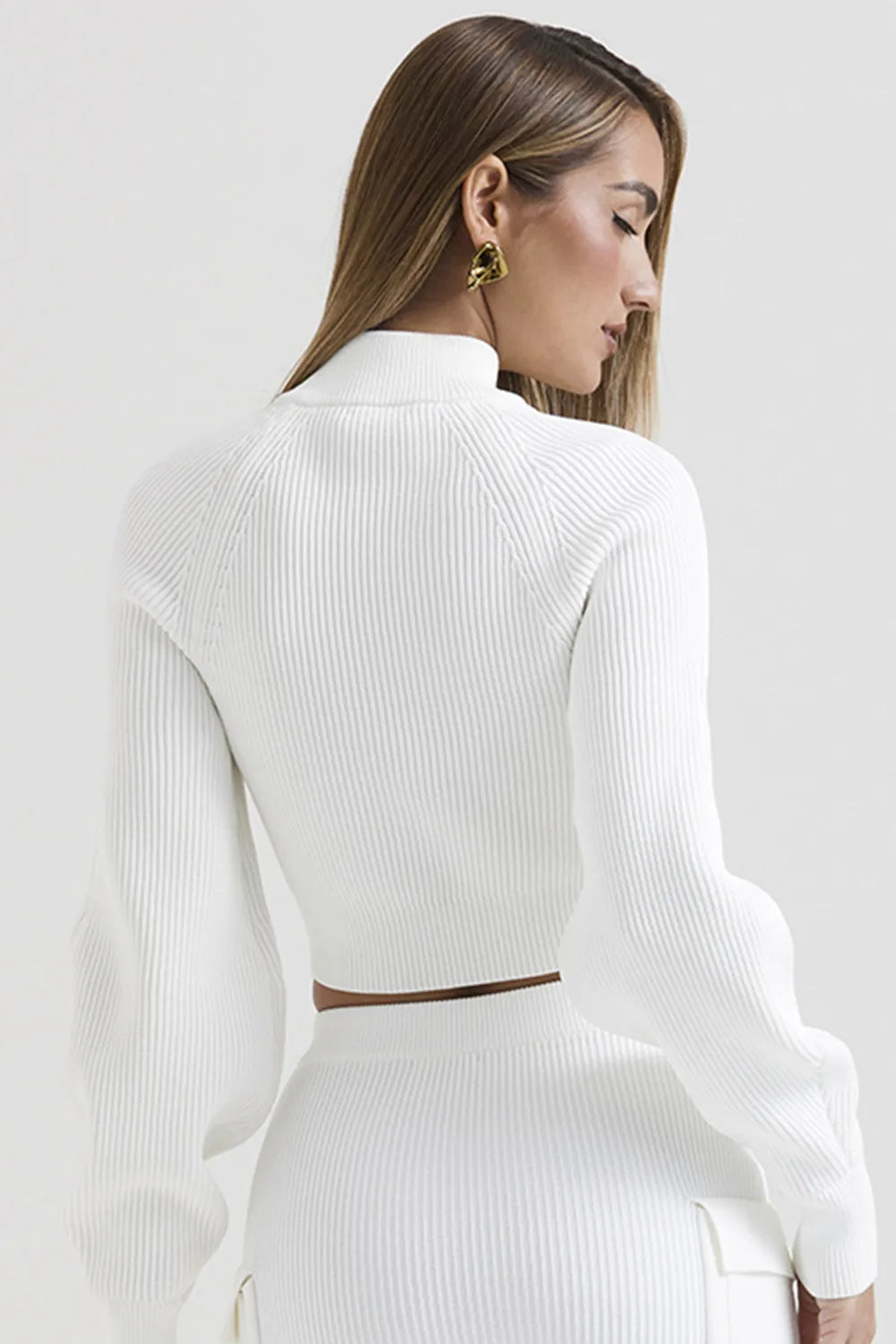 Reeva White Balloon Sleeve Ribbed Sweater