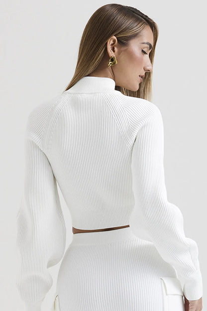 Reeva White Balloon Sleeve Ribbed Sweater