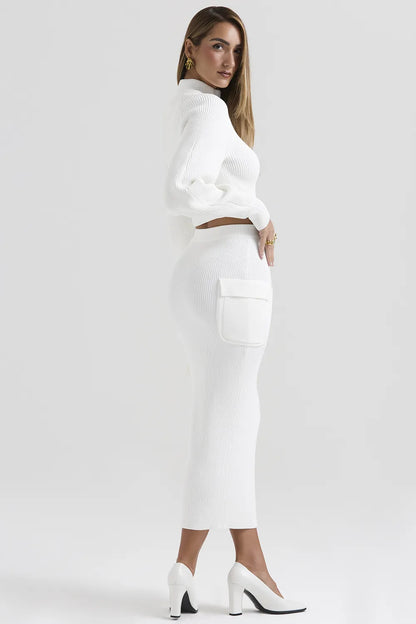 Maeve White Ribbed Knit Cargo Skirt