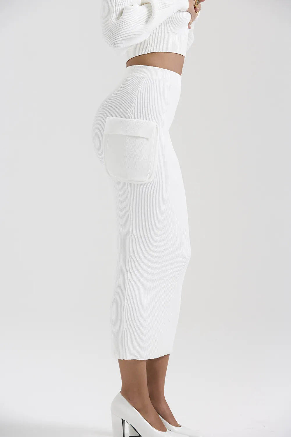 Maeve White Ribbed Knit Cargo Skirt