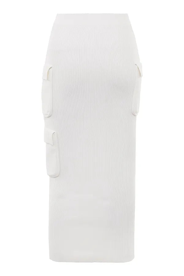 Maeve White Ribbed Knit Cargo Skirt