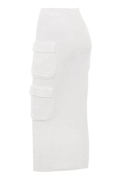 Maeve White Ribbed Knit Cargo Skirt