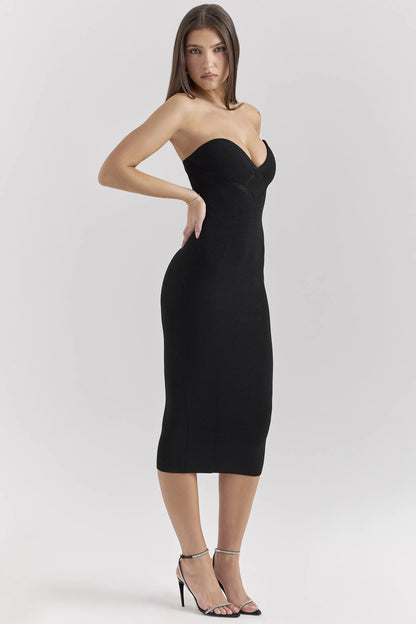 Magdalena Black Strapless Midi Dress