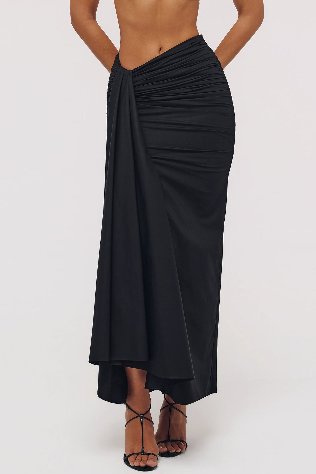 April Black Draped Cotton Midi Skirt