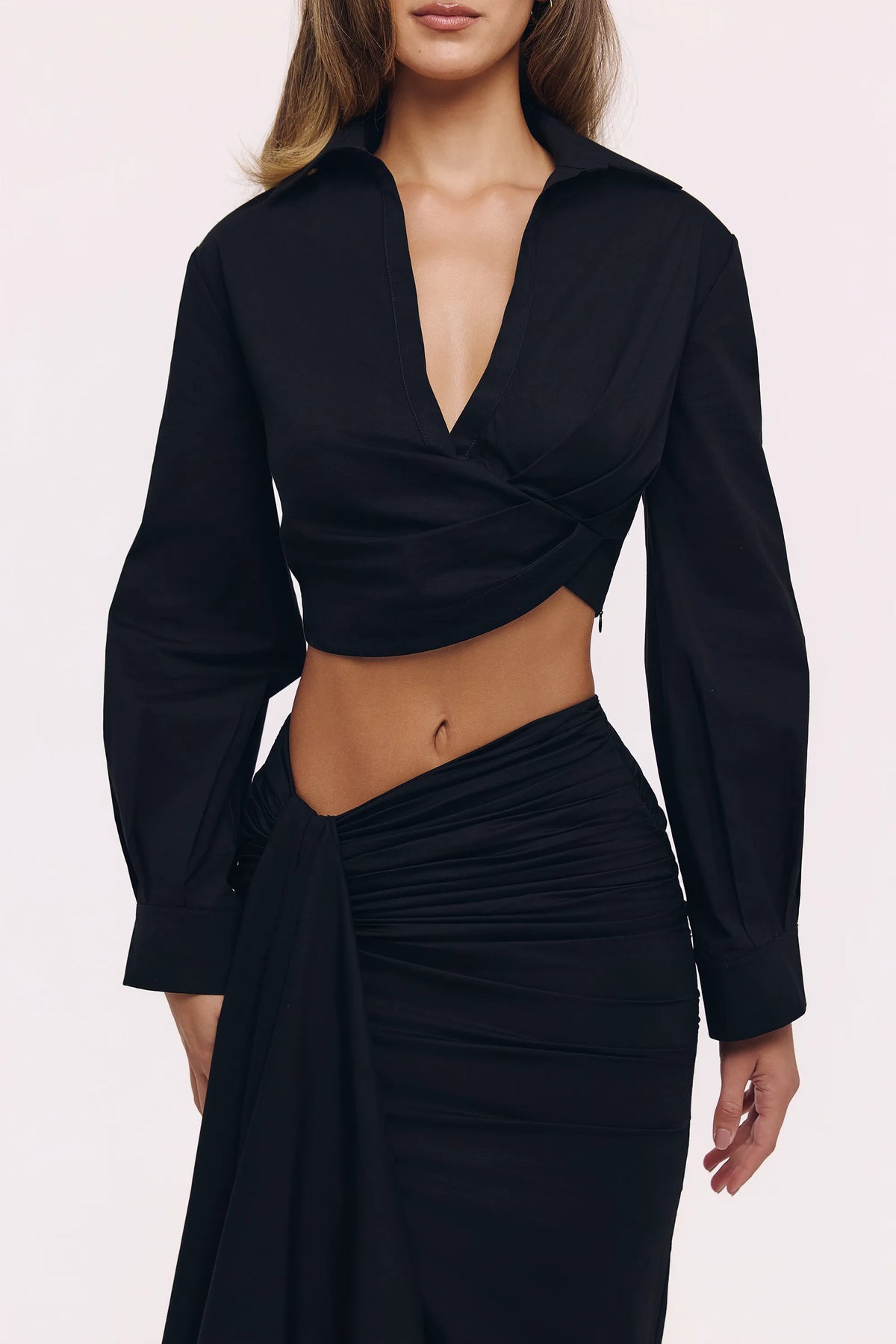 Ivara Black Long Sleeve Cropped Cotton Shirt