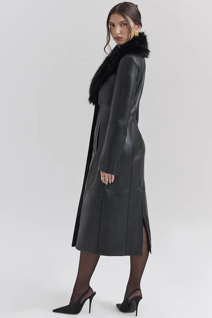 Marcel Black Faux Fur Trimmed Vegan Leather Coat