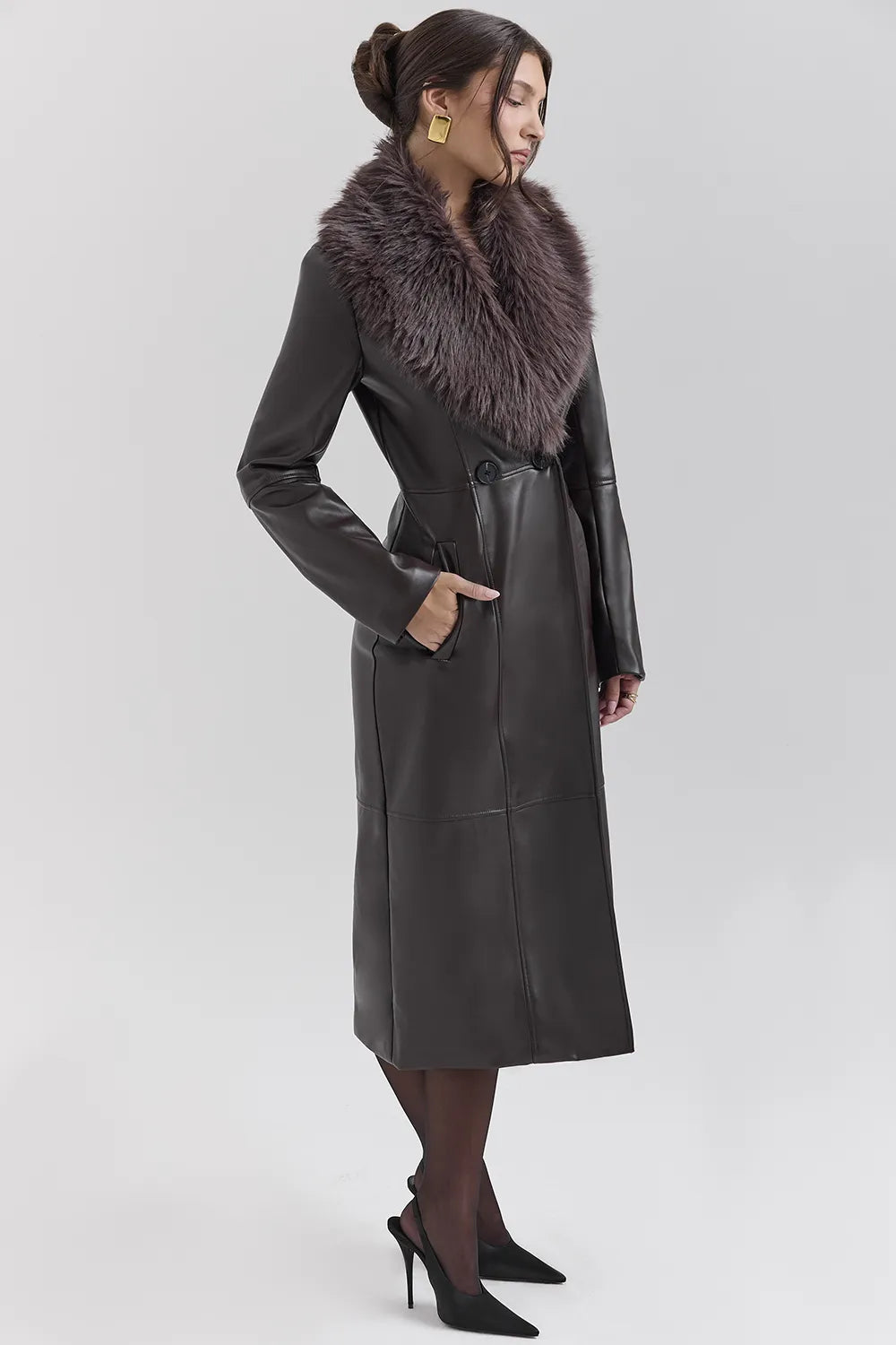 Marcel Brown Faux Fur Trimmed Vegan Leather Coat