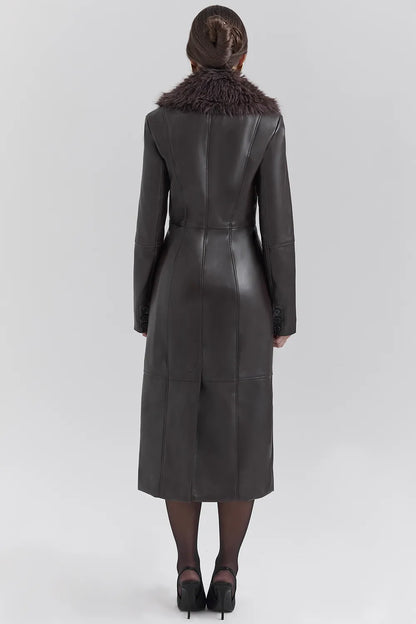 Marcel Brown Faux Fur Trimmed Vegan Leather Coat