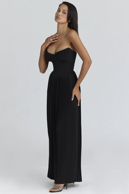 Marcella Black Georgette Pleated Maxi Dress