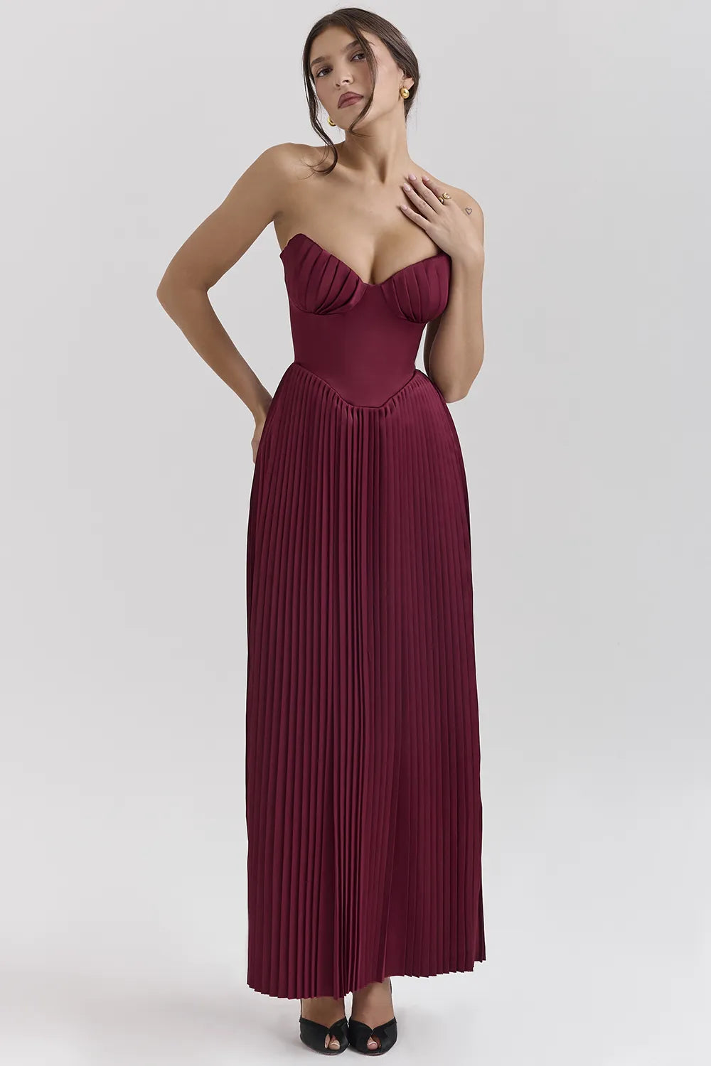 Marcella Berry Pleated Satin Maxi Dress