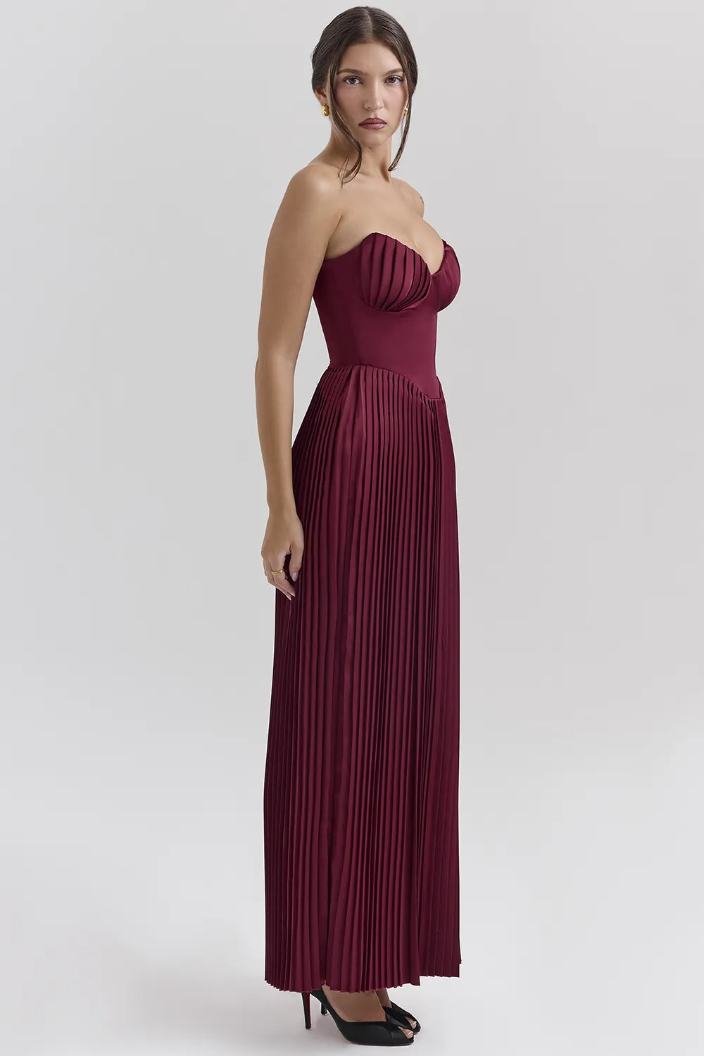 Marcella Berry Pleated Satin Maxi Dress