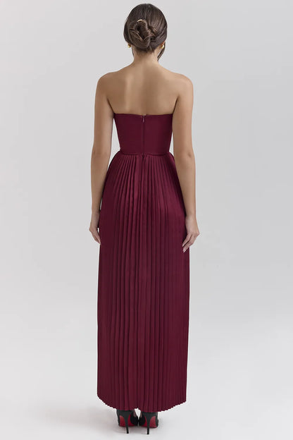 Marcella Berry Pleated Satin Maxi Dress