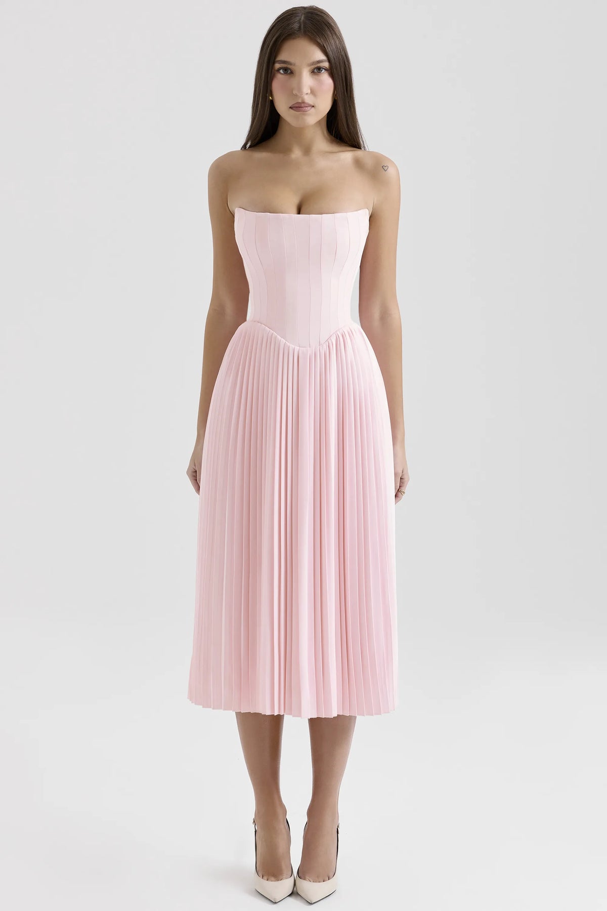 Marci Pink Pleated Midi Corset Dress