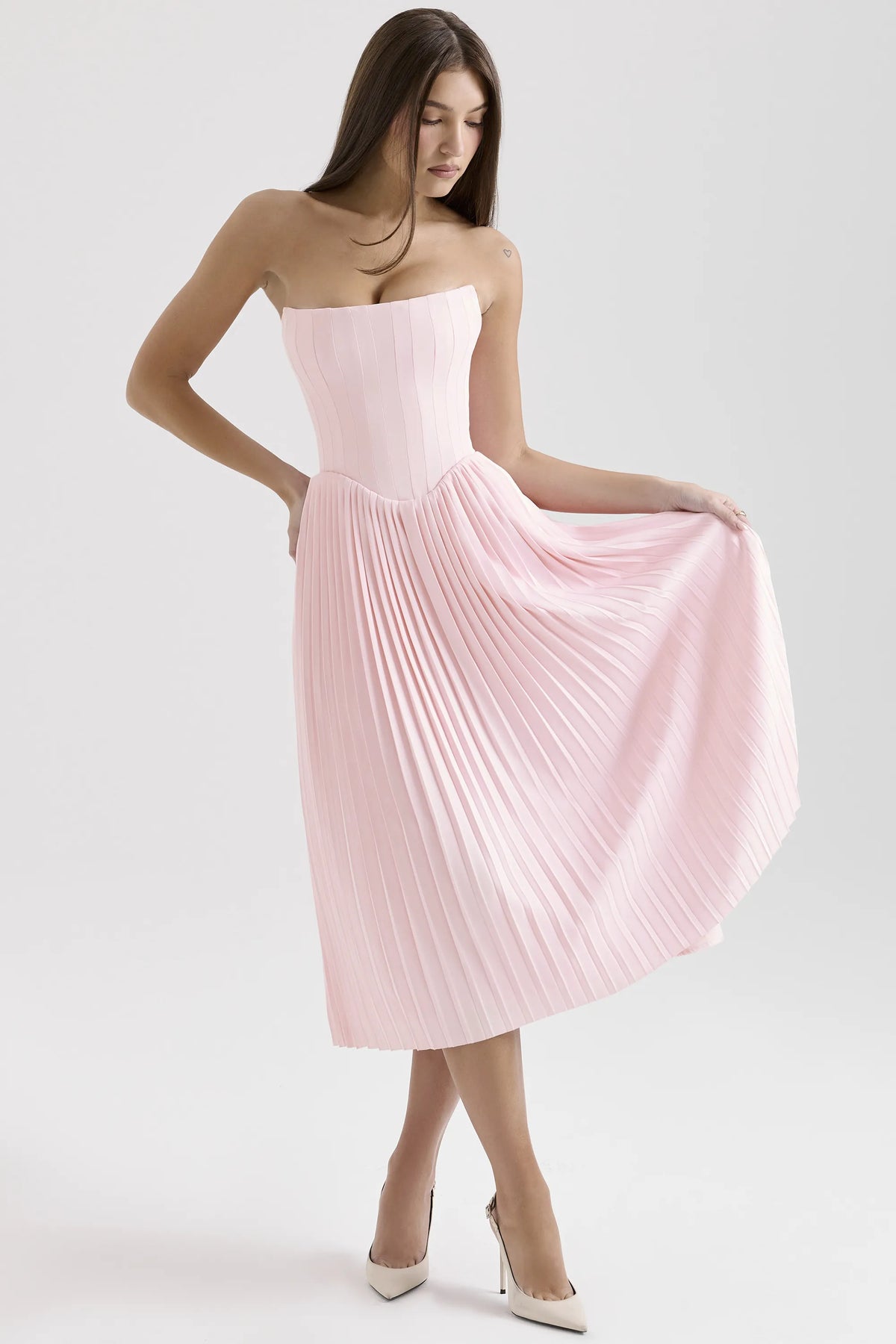 Marci Pink Pleated Midi Corset Dress