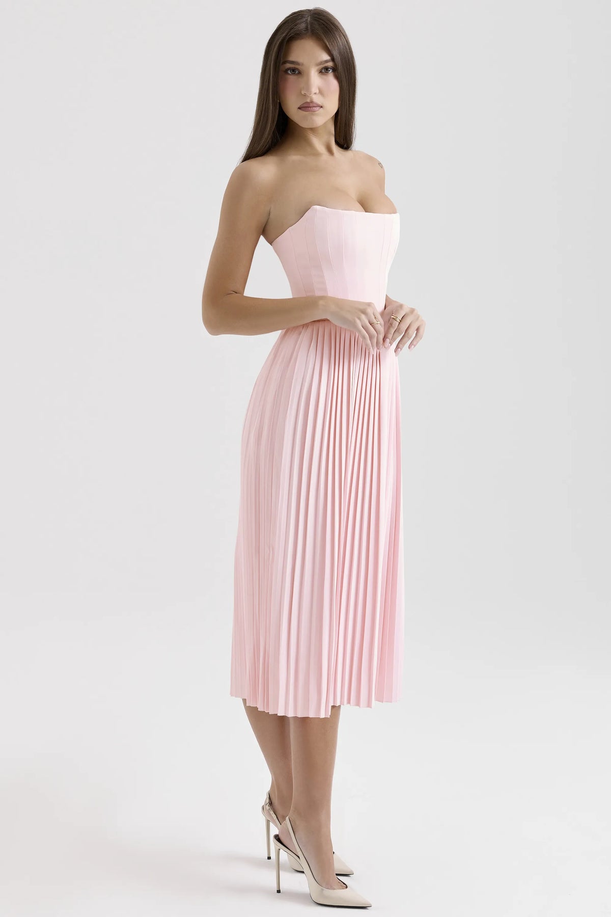 Marci Pink Pleated Midi Corset Dress