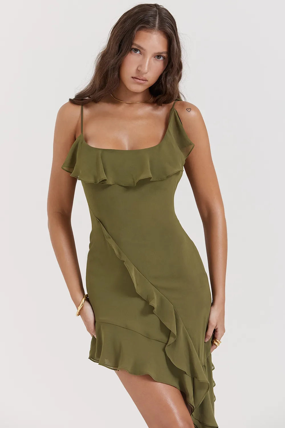 Marcia Olive Ruffle Mini Dress