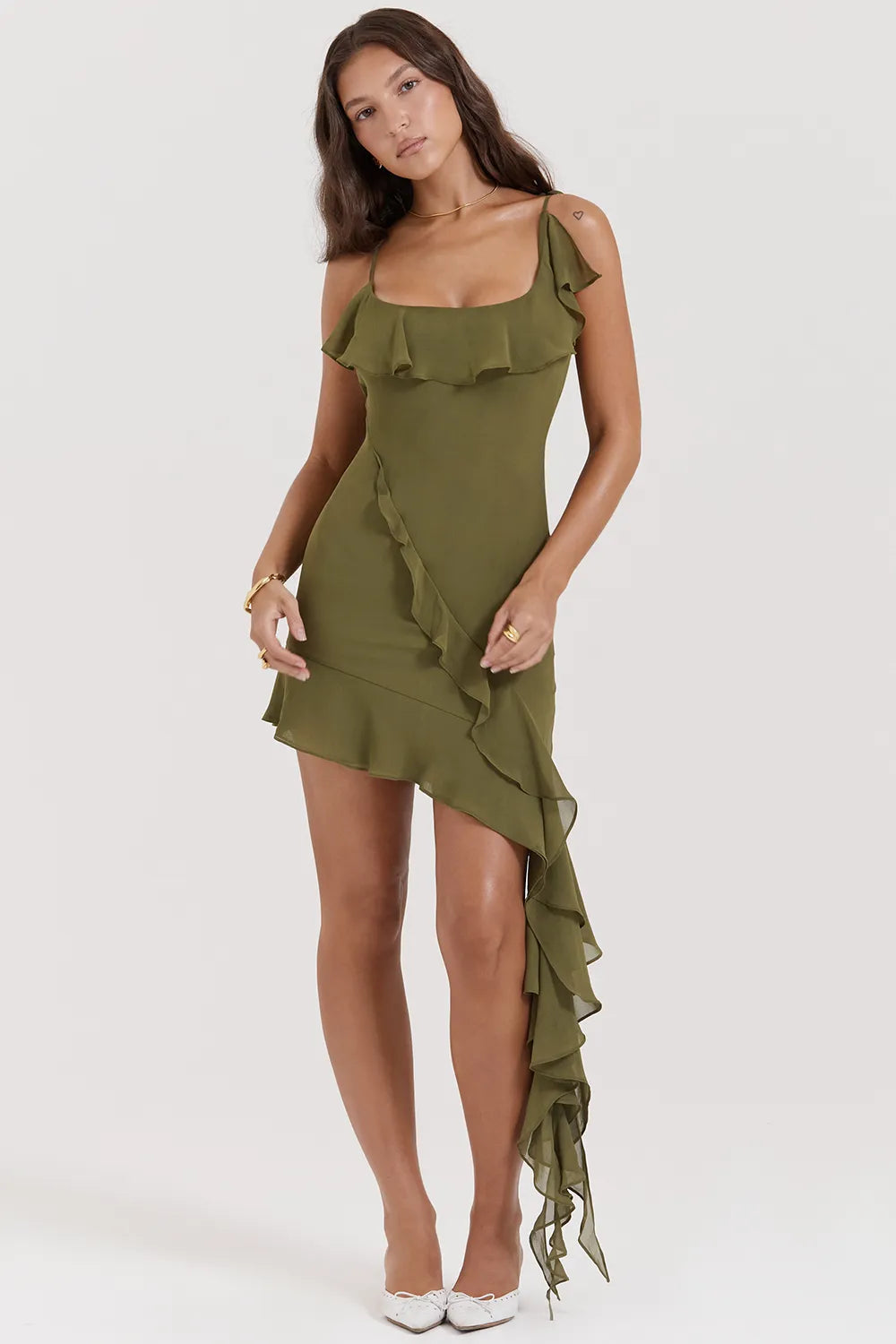 Marcia Olive Ruffle Mini Dress