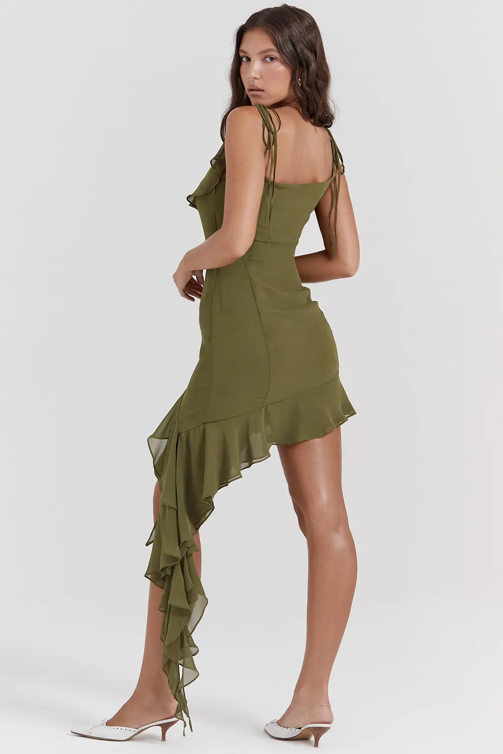 Marcia Olive Ruffle Mini Dress