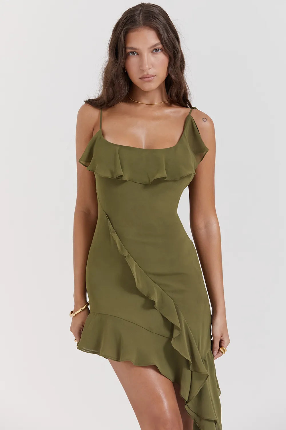 Marcia Olive Ruffle Mini Dress