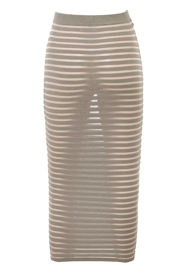 Margo Grey Velour Sheer Striped Midi Skirt