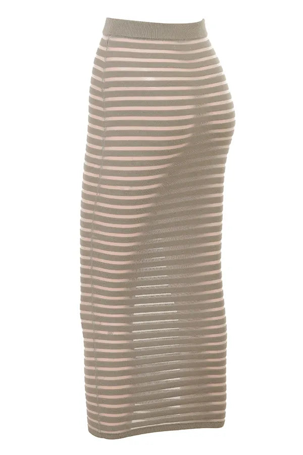 Margo Grey Velour Sheer Striped Midi Skirt