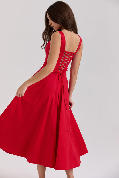 Mariabella Red Stretch Cotton Midi Sundress