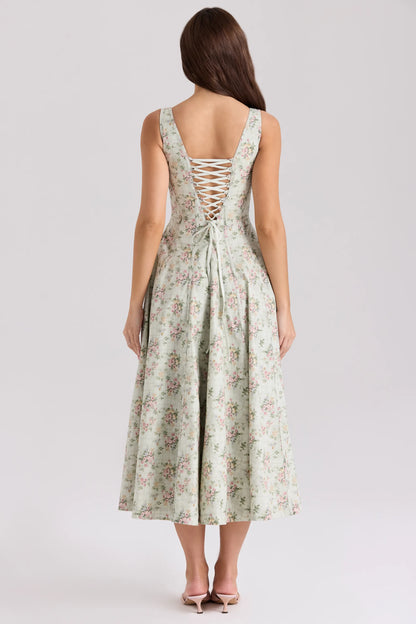Mariabella Sage Floral Print Cotton Midi Dress