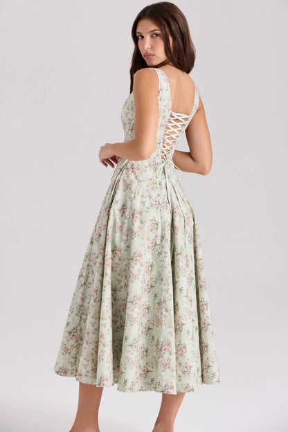 Mariabella Sage Floral Print Cotton Midi Dress