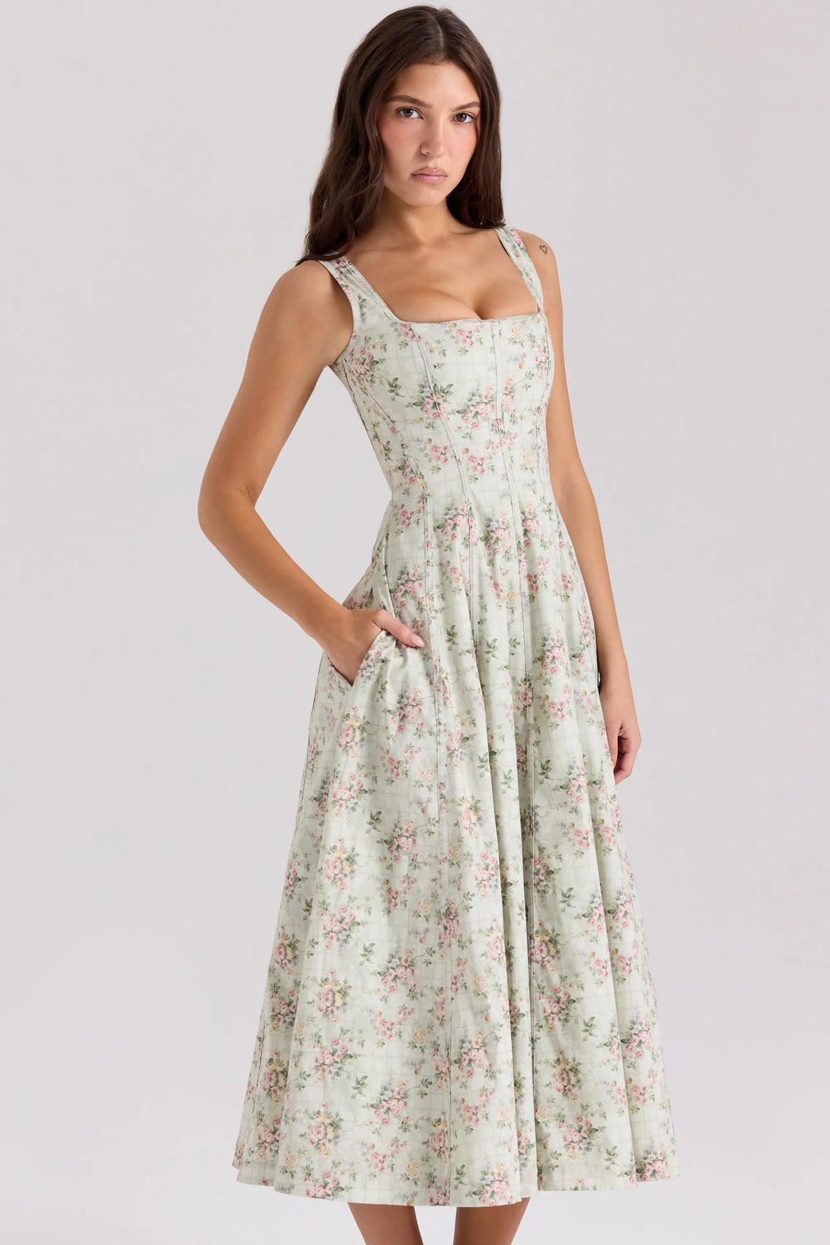 Mariabella Sage Floral Print Cotton Midi Dress