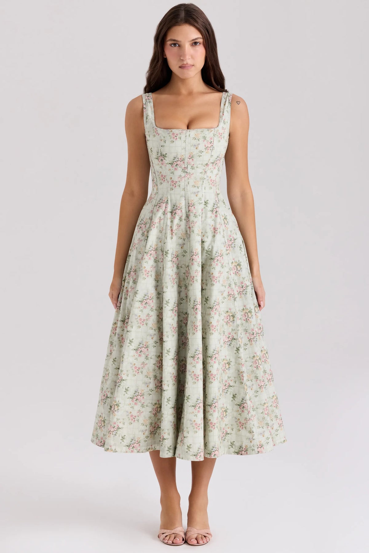Mariabella Sage Floral Print Cotton Midi Dress