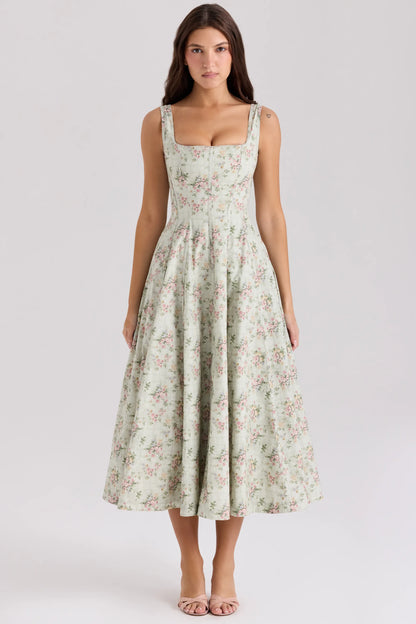 Mariabella Sage Floral Print Cotton Midi Dress