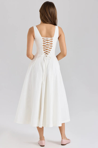 Mariabella White Stretch Cotton Midi Sundress
