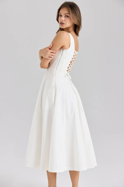 Mariabella White Stretch Cotton Midi Sundress