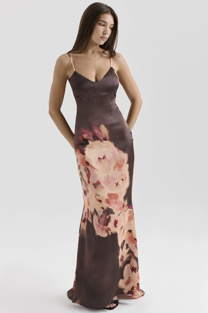 Mariamma Dark Brown Floral Printed Satin Maxi Dress