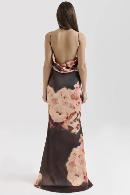 Mariamma Dark Brown Floral Printed Satin Maxi Dress
