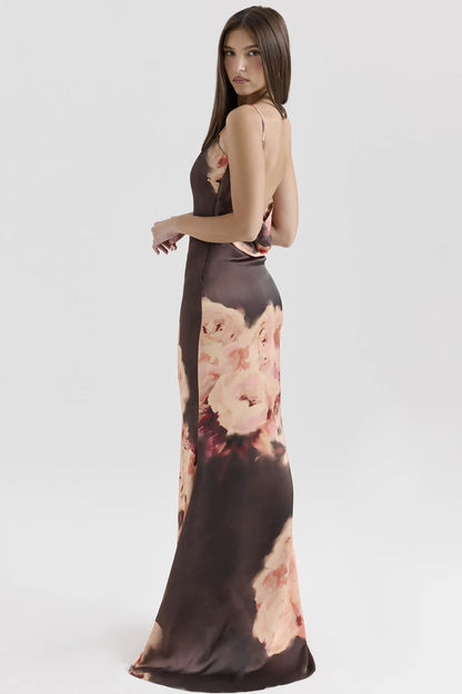 Mariamma Dark Brown Floral Printed Satin Maxi Dress