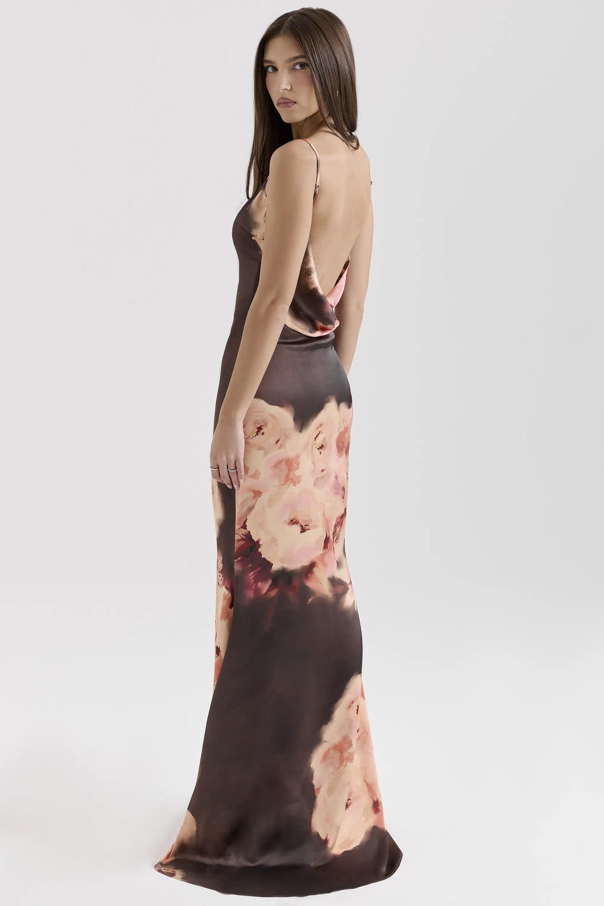 Mariamma Dark Brown Floral Printed Satin Maxi Dress