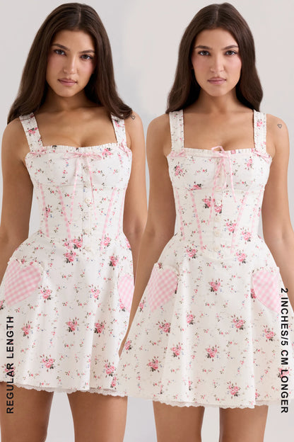 Marianella Cream Rose Print Stretch Cotton Mini Dress