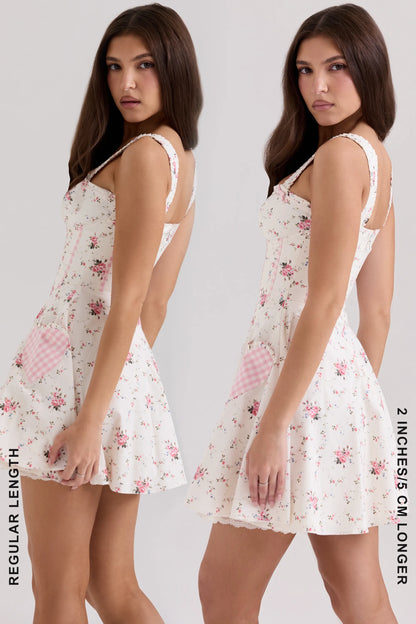 Marianella Cream Rose Print Stretch Cotton Mini Dress