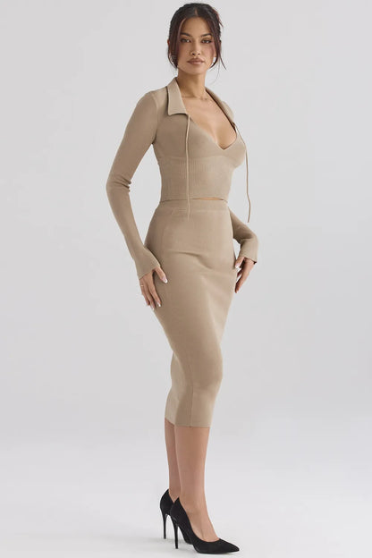 Heather Camel Knit Midi Skirt