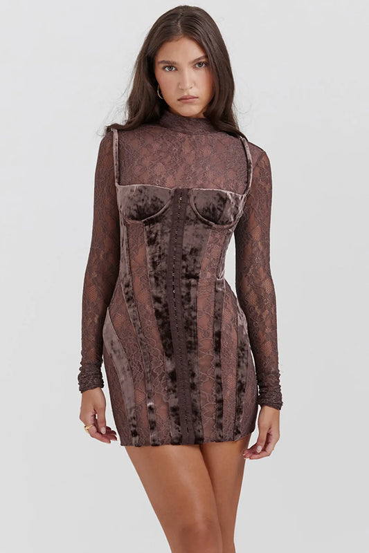 Marica Brown Velvet & Lace Corset Dress