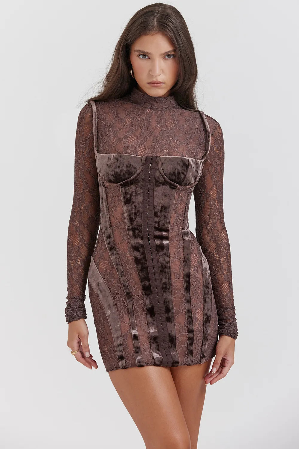 Marica Brown Velvet & Lace Corset Dress