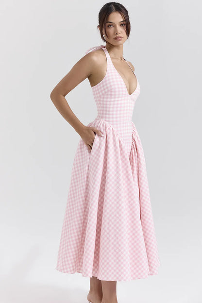 Marilyn Strawberry Shortcake Gingham Halter Midi Sundress