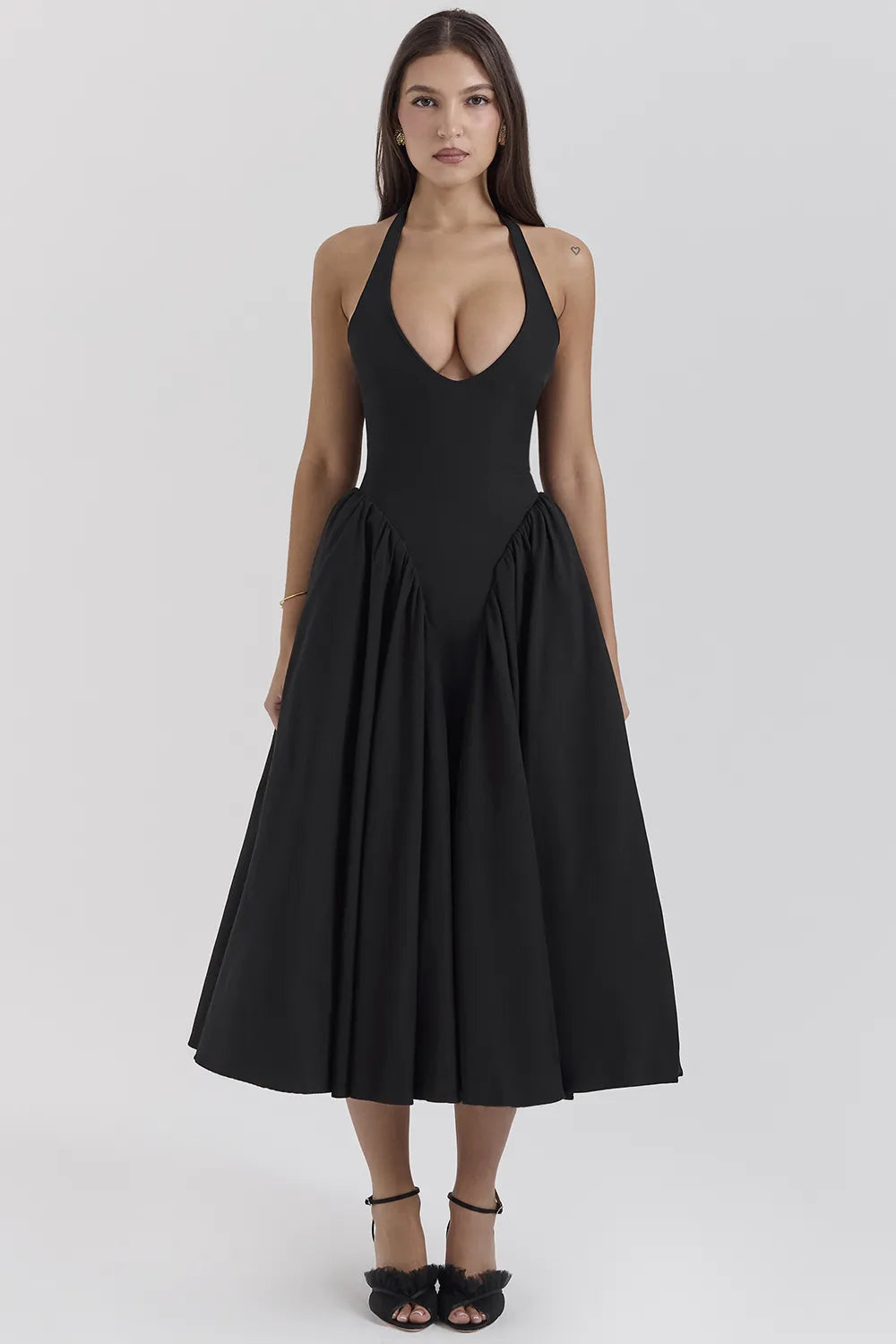 Marilyn Black Twill Halter Midi Dress