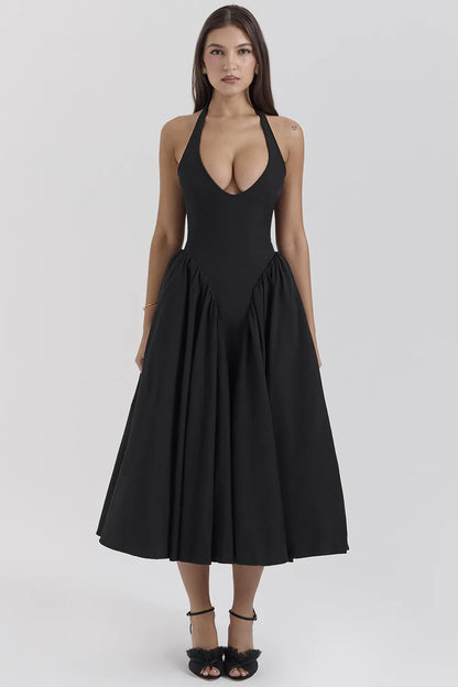 Marilyn Black Twill Halter Midi Dress