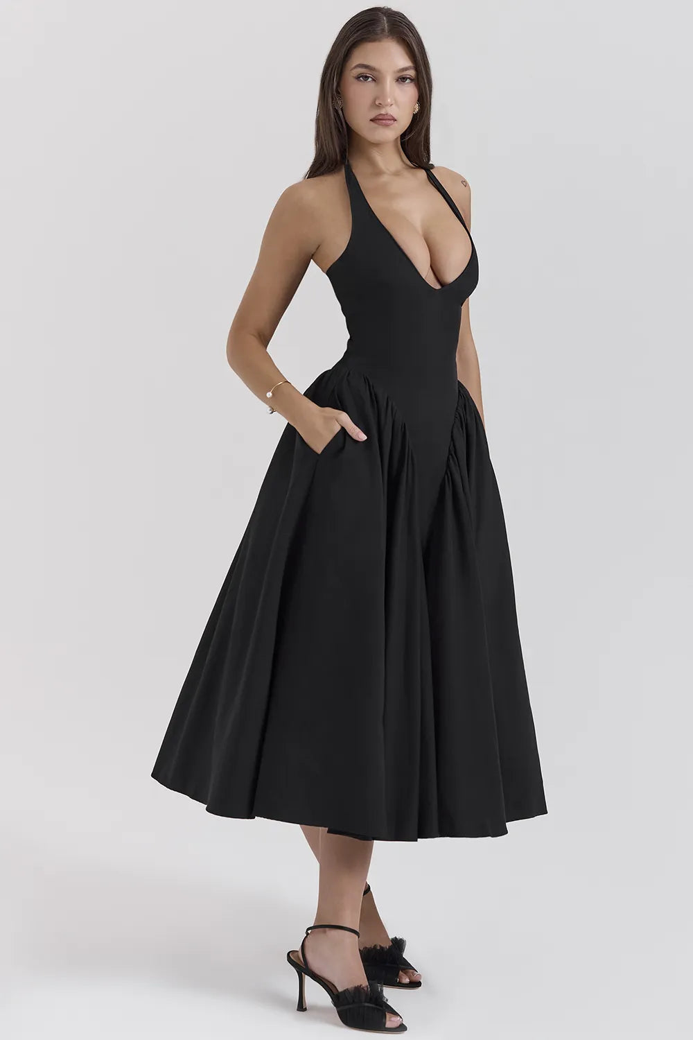 Marilyn Black Twill Halter Midi Dress